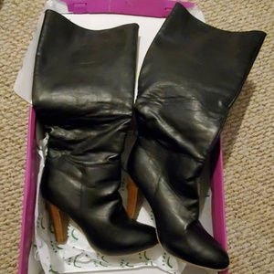 Vegan Pull On Knee High Black Boots w/ Brown Heel